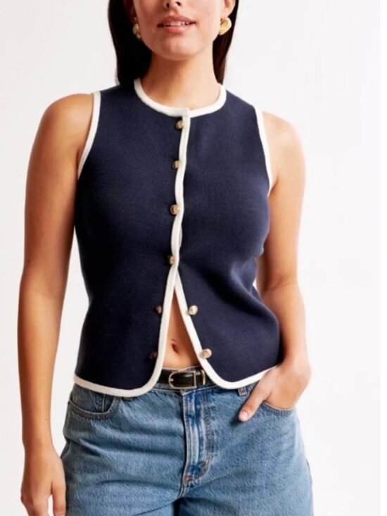 Abercrombie & Fitch Tops - Abercrombie & Fitch Navy Sweater Vest with White Trim and Gold Buttons, Size Sma